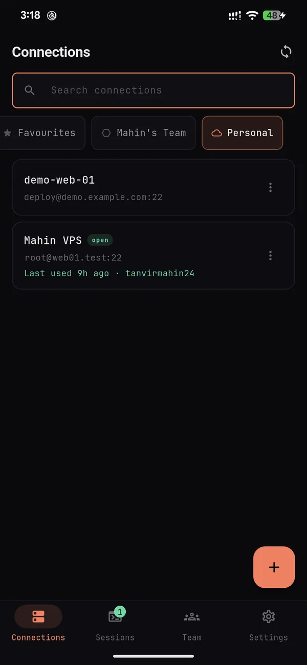 SSH Ache Teams on Android: saved connections, filtered by favourites, team and personal vault