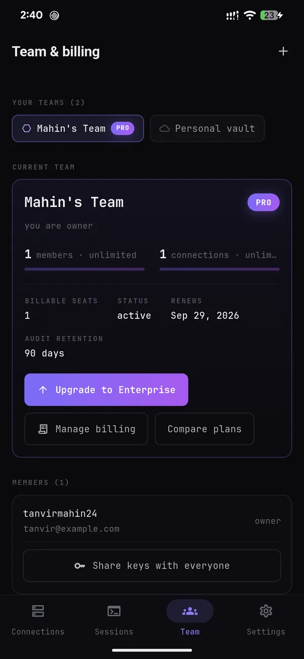 SSH Ache Teams on Android: the team screen with plan, usage and members
