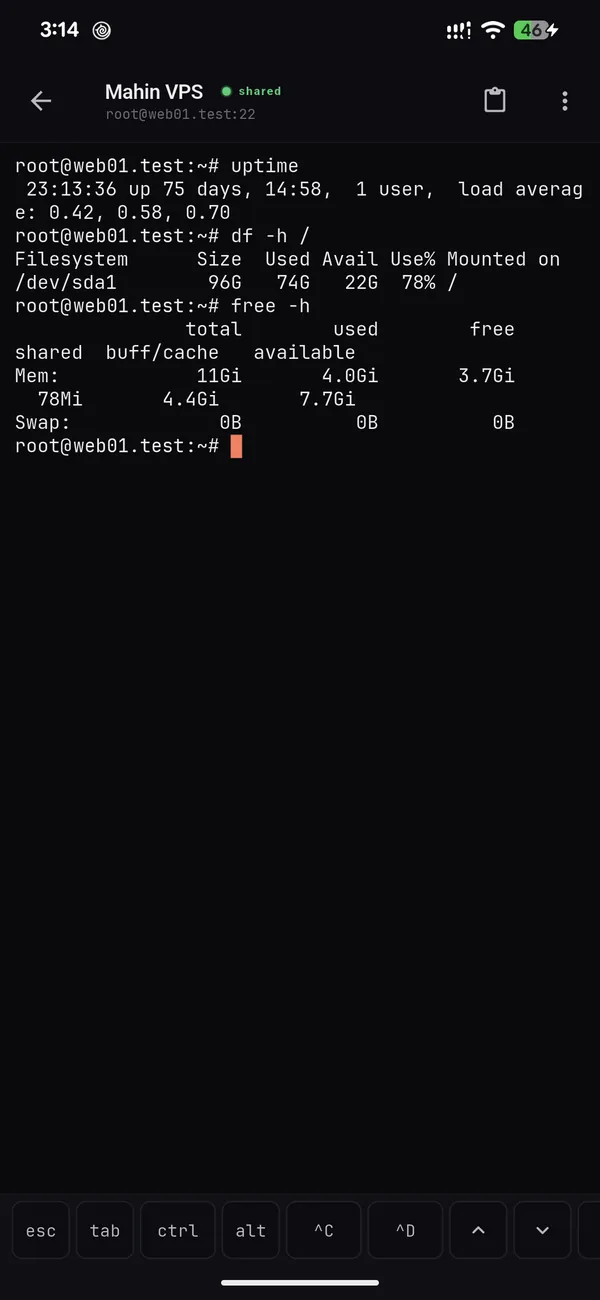 SSH Ache Teams on Android: a live SSH session above the esc, tab, ctrl and alt key bar