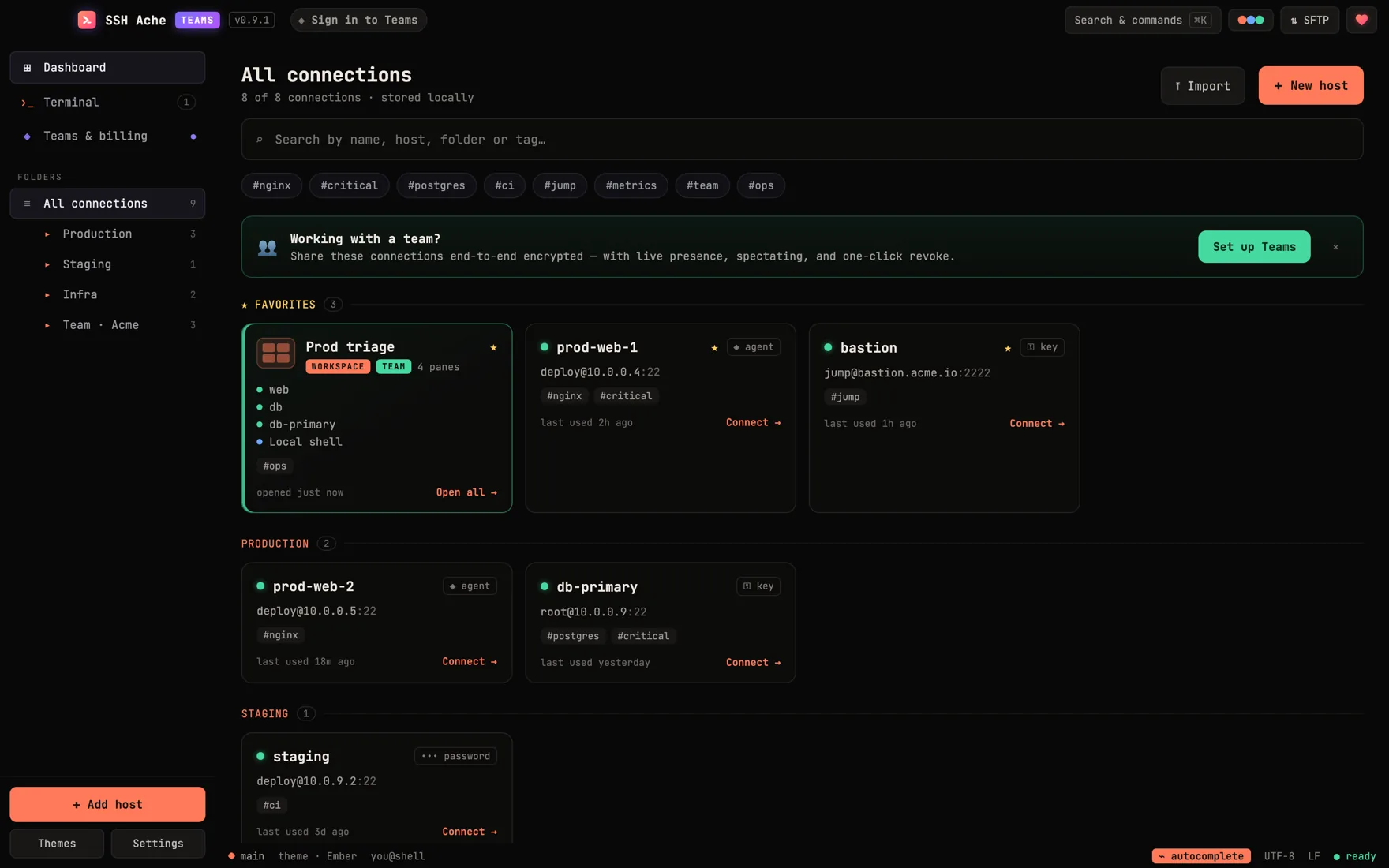 SSH Ache desktop app dashboard — saved SSH hosts grouped in folders with favourites, and end-to-end encrypted team sharing